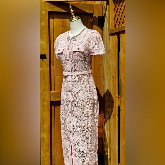 🆕 SELF-PORTRAIT 🧿 BNWOT Pink Lace Diamante Bow Midi Dress, Sz US 4 / UK 8 - Picture 6 of 16
